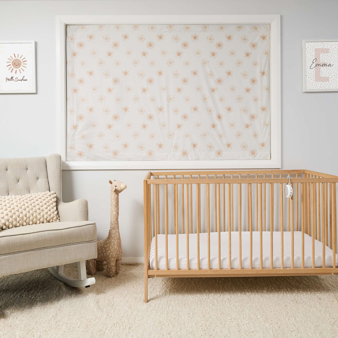 Sunny Smiles suction cup blackout blind with sun print in nursery